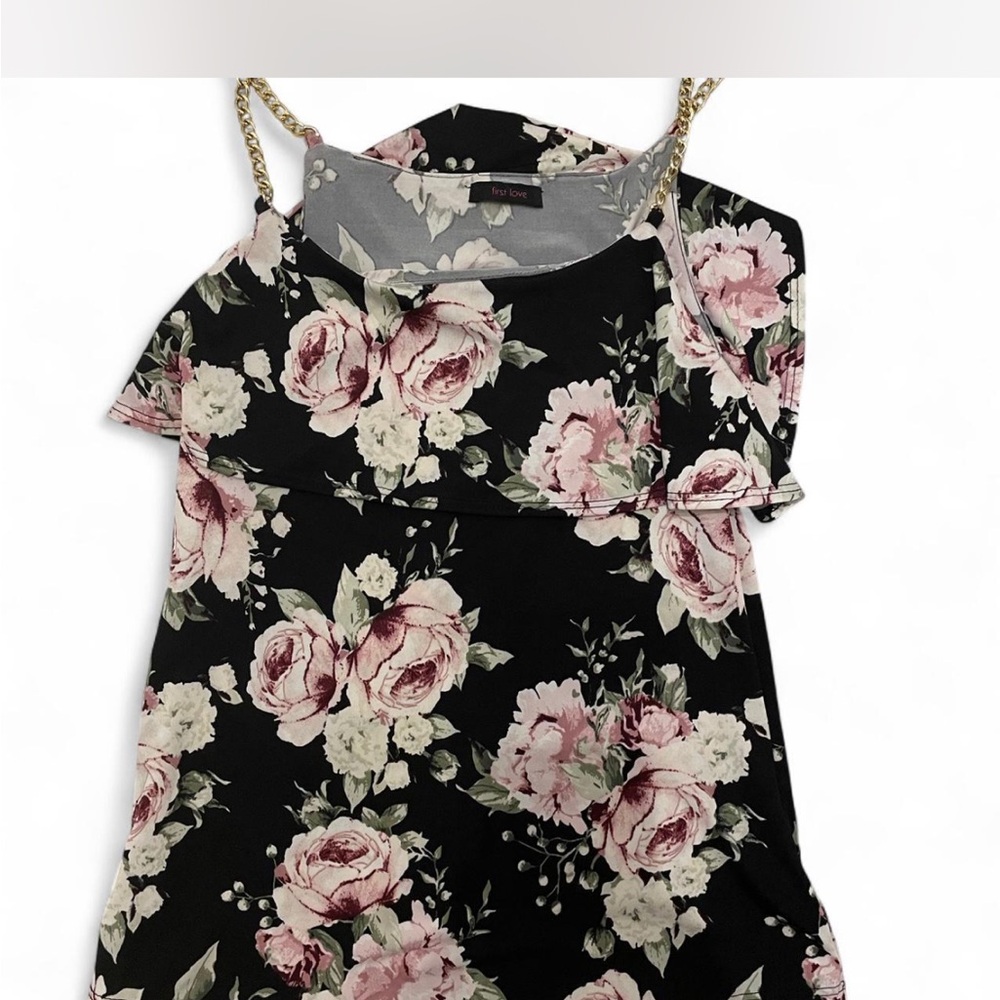 First Love Floral Black and Pink Women's Top with Chain straps in size M